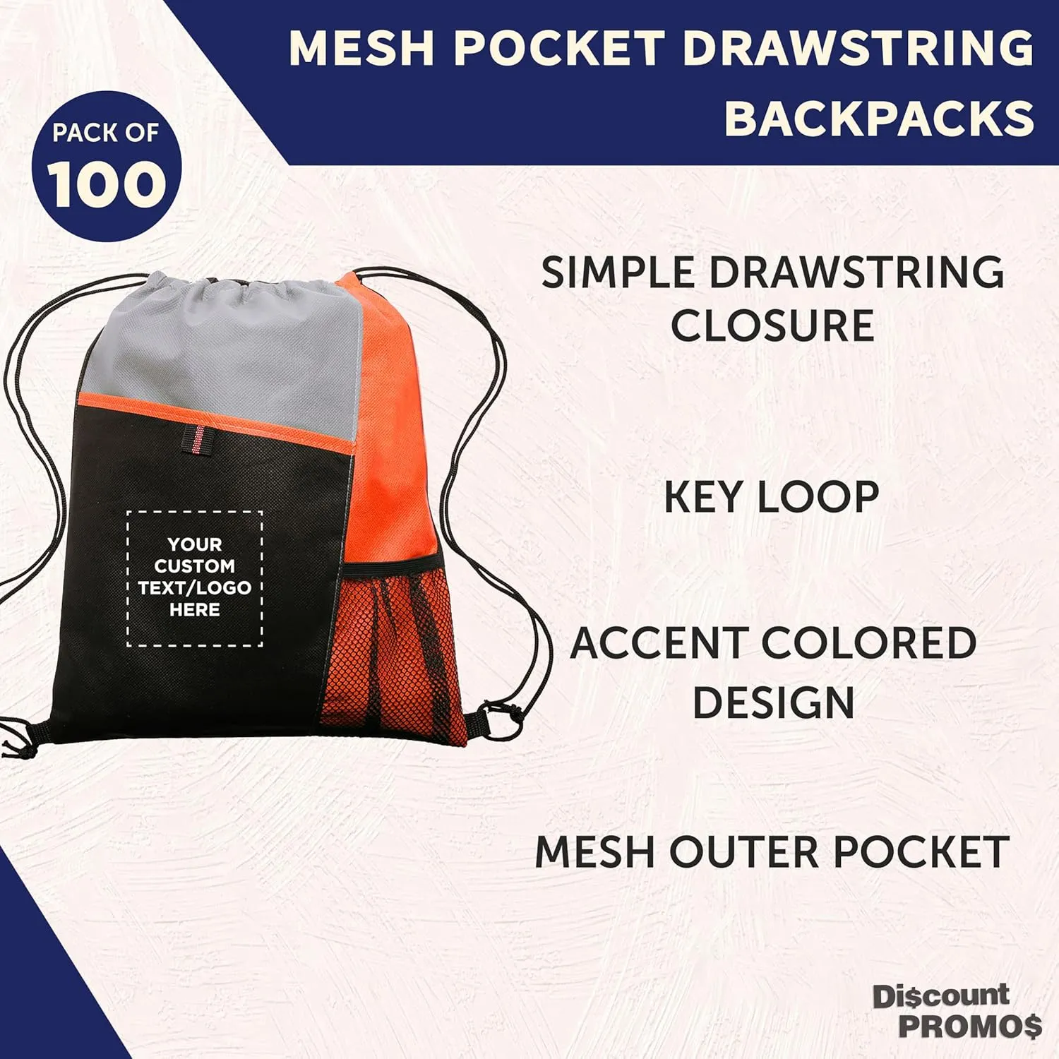 DISCOUNT PROMOS 100 Mesh Pocket Drawstring Backpacks Set - Customizable Text, Logo - Durable, Multicolor, Black Straps - Orange
