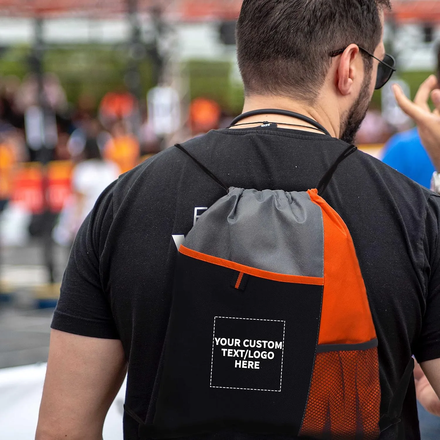 DISCOUNT PROMOS 100 Mesh Pocket Drawstring Backpacks Set - Customizable Text, Logo - Durable, Multicolor, Black Straps - Orange
