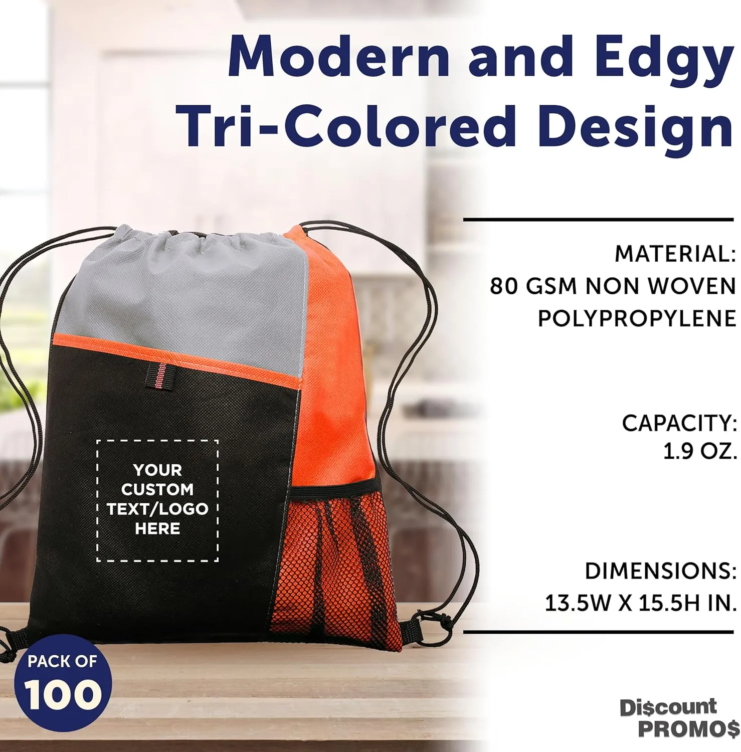 DISCOUNT PROMOS 100 Mesh Pocket Drawstring Backpacks Set - Customizable Text, Logo - Durable, Multicolor, Black Straps - Orange