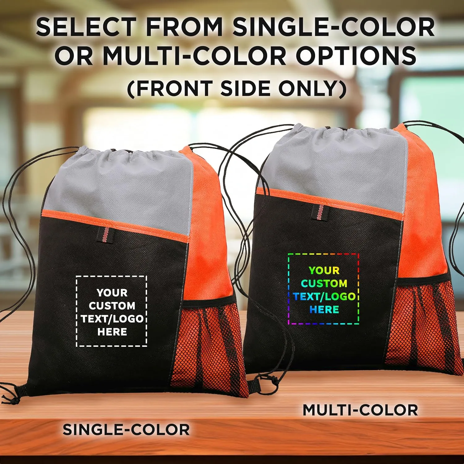 DISCOUNT PROMOS 100 Mesh Pocket Drawstring Backpacks Set - Customizable Text, Logo - Durable, Multicolor, Black Straps - Orange