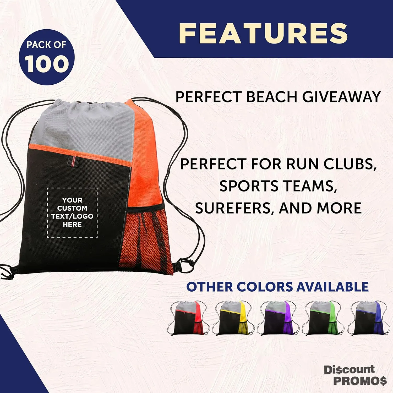 DISCOUNT PROMOS 100 Mesh Pocket Drawstring Backpacks Set - Customizable Text, Logo - Durable, Multicolor, Black Straps - Orange