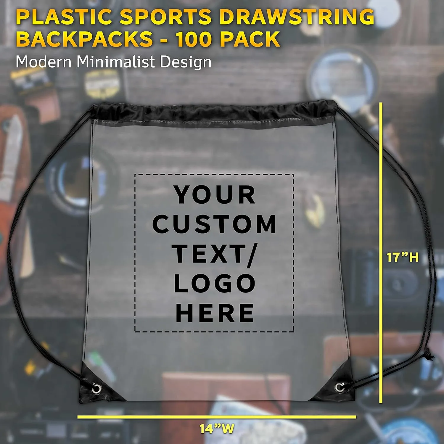 DISCOUNT PROMOS Custom Plastic Drawstring Backpacks Set of 100, Personalized Bulk Pack - Multi-Functional, Drawstring, Perfect for Travel, Gym, and More - Black