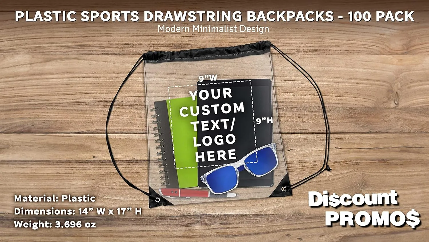DISCOUNT PROMOS Custom Plastic Drawstring Backpacks Set of 100, Personalized Bulk Pack - Multi-Functional, Drawstring, Perfect for Travel, Gym, and More - Black