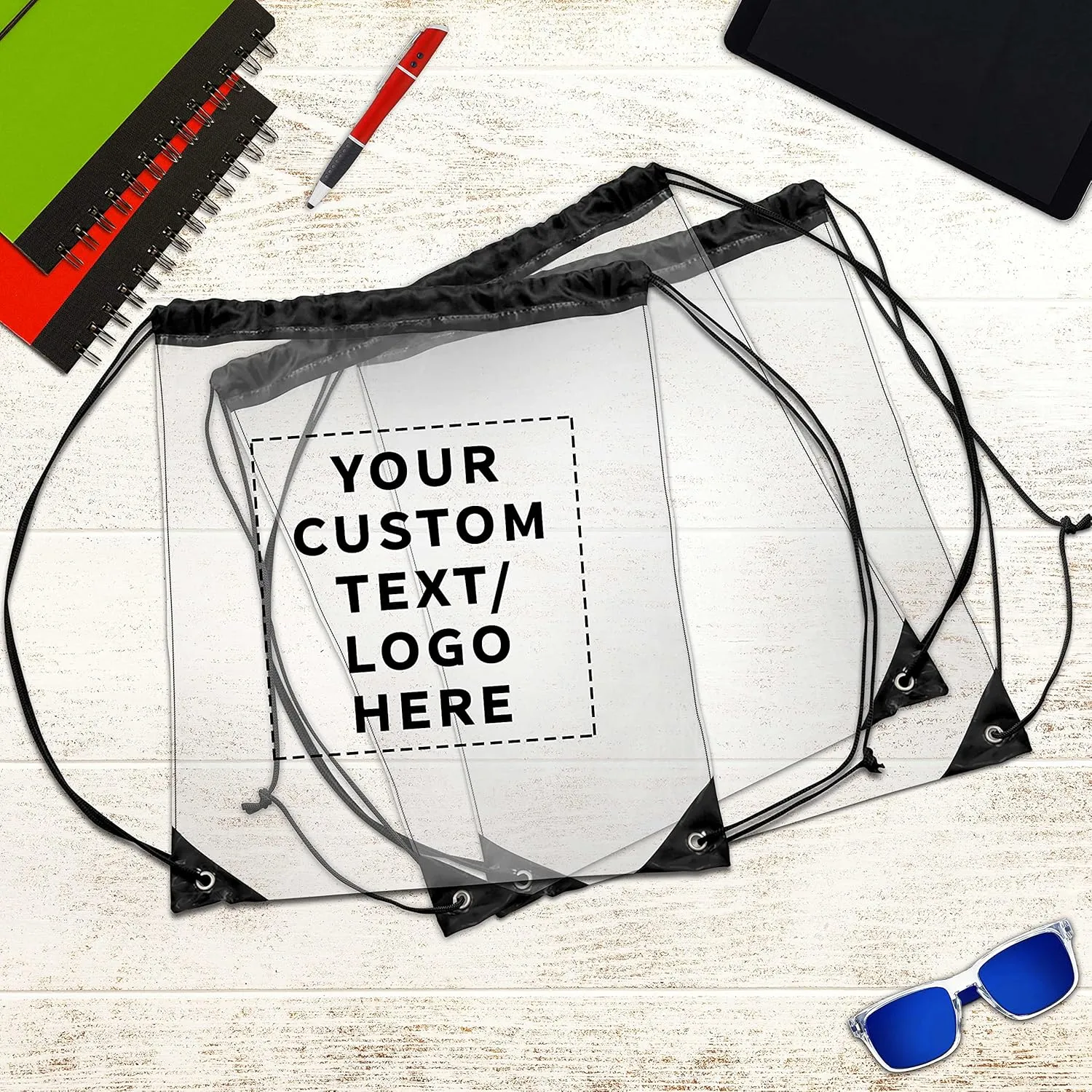 DISCOUNT PROMOS Custom Plastic Drawstring Backpacks Set of 100, Personalized Bulk Pack - Multi-Functional, Drawstring, Perfect for Travel, Gym, and More - Black