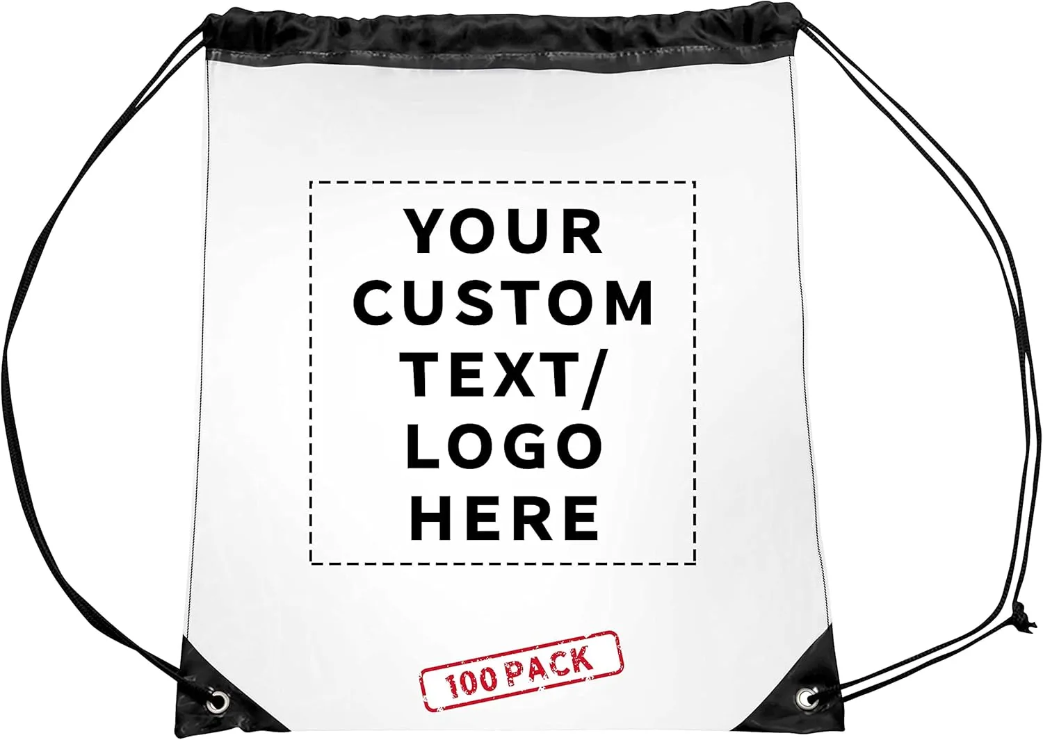 DISCOUNT PROMOS Custom Plastic Drawstring Backpacks Set of 100, Personalized Bulk Pack - Multi-Functional, Drawstring, Perfect for Travel, Gym, and More - Black