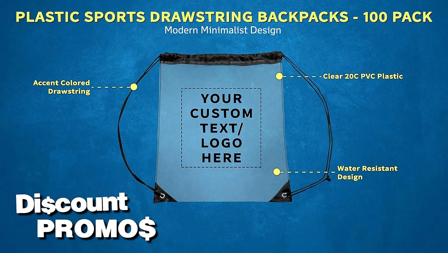 DISCOUNT PROMOS Custom Plastic Drawstring Backpacks Set of 100, Personalized Bulk Pack - Multi-Functional, Drawstring, Perfect for Travel, Gym, and More - Black