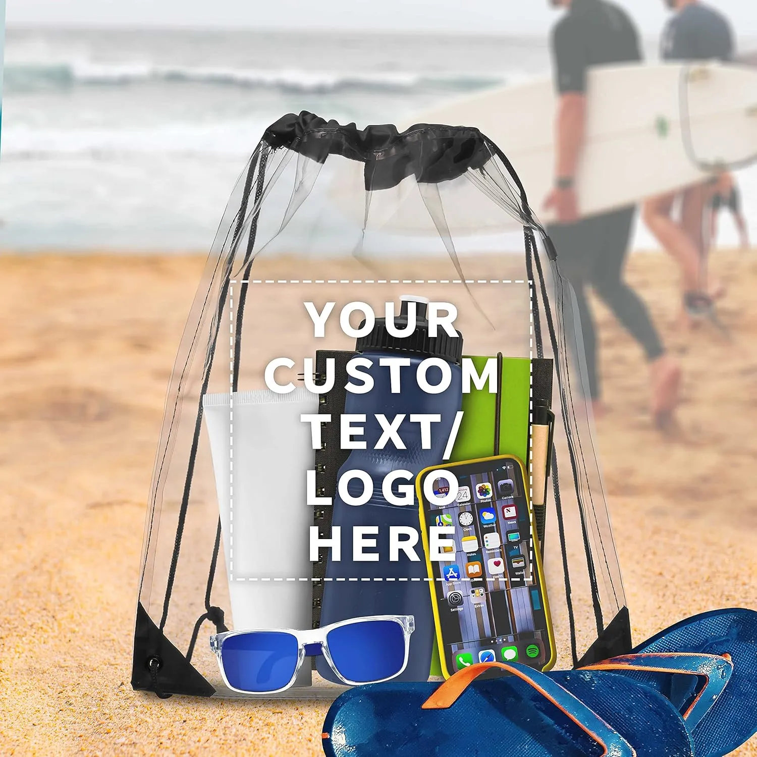 DISCOUNT PROMOS Custom Plastic Drawstring Backpacks Set of 100, Personalized Bulk Pack - Multi-Functional, Drawstring, Perfect for Travel, Gym, and More - Black
