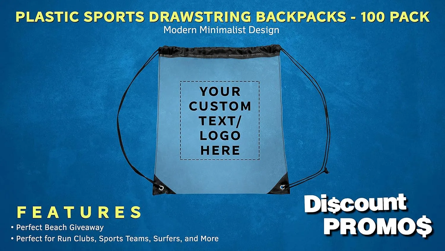 DISCOUNT PROMOS Custom Plastic Drawstring Backpacks Set of 100, Personalized Bulk Pack - Multi-Functional, Drawstring, Perfect for Travel, Gym, and More - Black