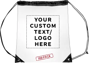 DISCOUNT PROMOS Custom Plastic Drawstring Backpacks Set of 100, Personalized Bulk Pack - Multi-Functional, Drawstring, Perfect for Travel, Gym, and More - Black