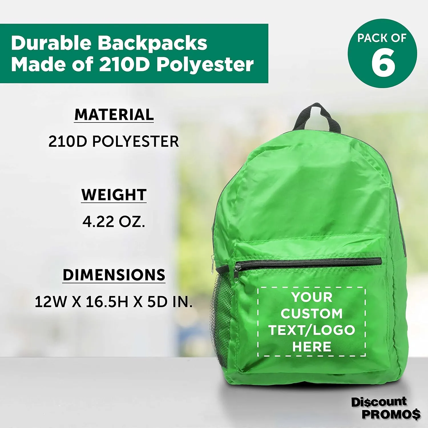 DISCOUNT PROMOS Custom Simple Functional Backpacks Set of 6, Personalized Bulk Pack - Water Resistant, Lightweight - Lime Green