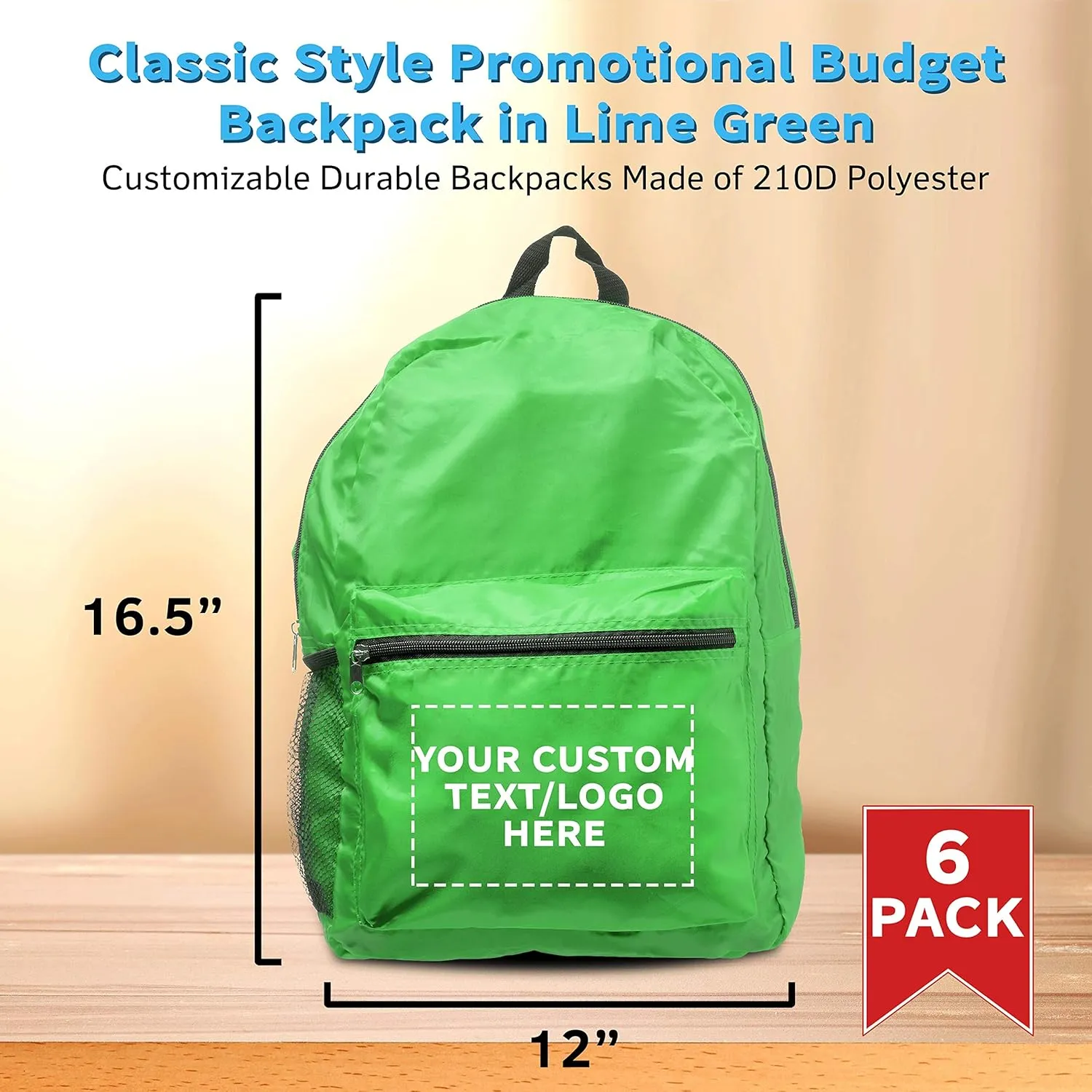 DISCOUNT PROMOS Custom Simple Functional Backpacks Set of 6, Personalized Bulk Pack - Water Resistant, Lightweight - Lime Green
