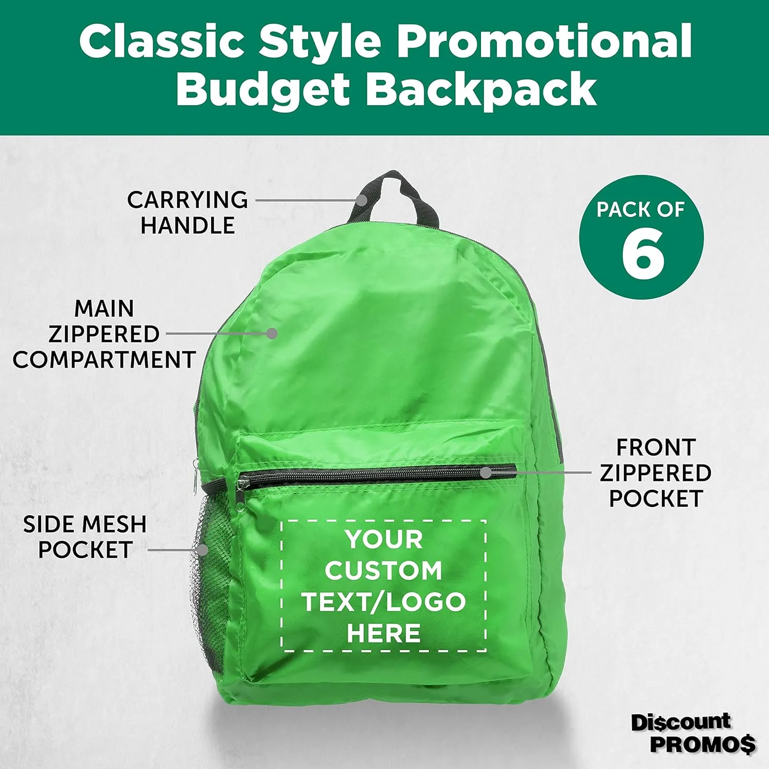 DISCOUNT PROMOS Custom Simple Functional Backpacks Set of 6, Personalized Bulk Pack - Water Resistant, Lightweight - Lime Green
