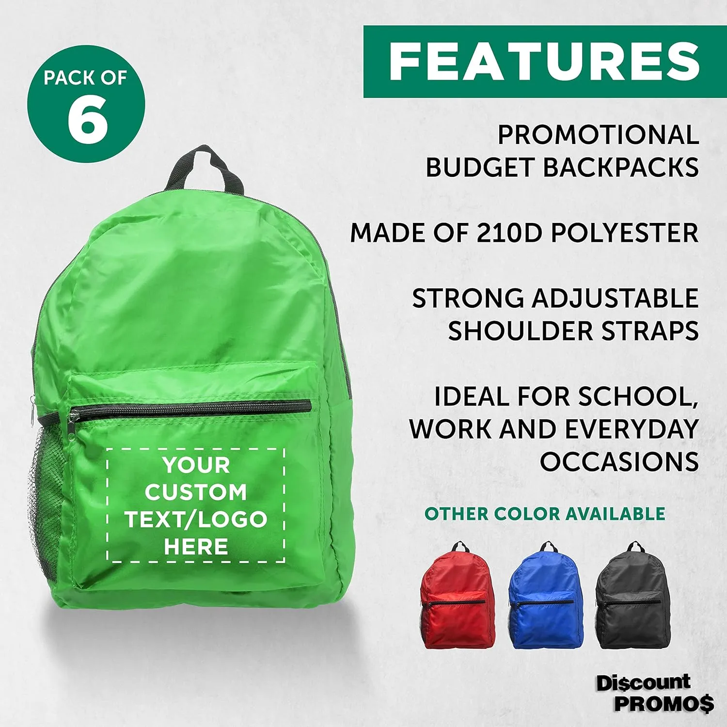 DISCOUNT PROMOS Custom Simple Functional Backpacks Set of 6, Personalized Bulk Pack - Water Resistant, Lightweight - Lime Green