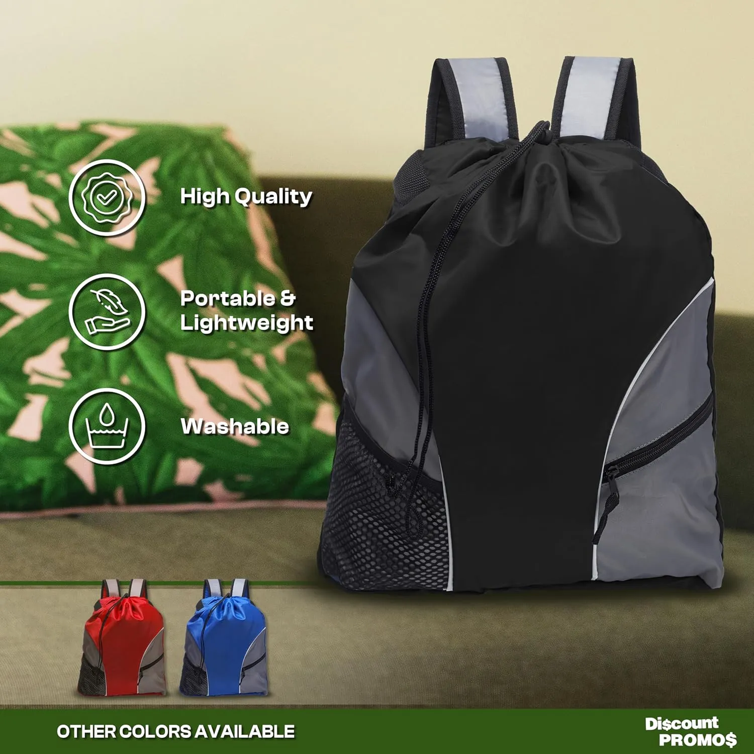 DISCOUNT PROMOS Sporter Drawstring Backpacks Set of 6, Bulk Pack - Cinch Bag, Gym Bag, Travel Backpack, Compact and Lightweight, Unisex Backpack - Black