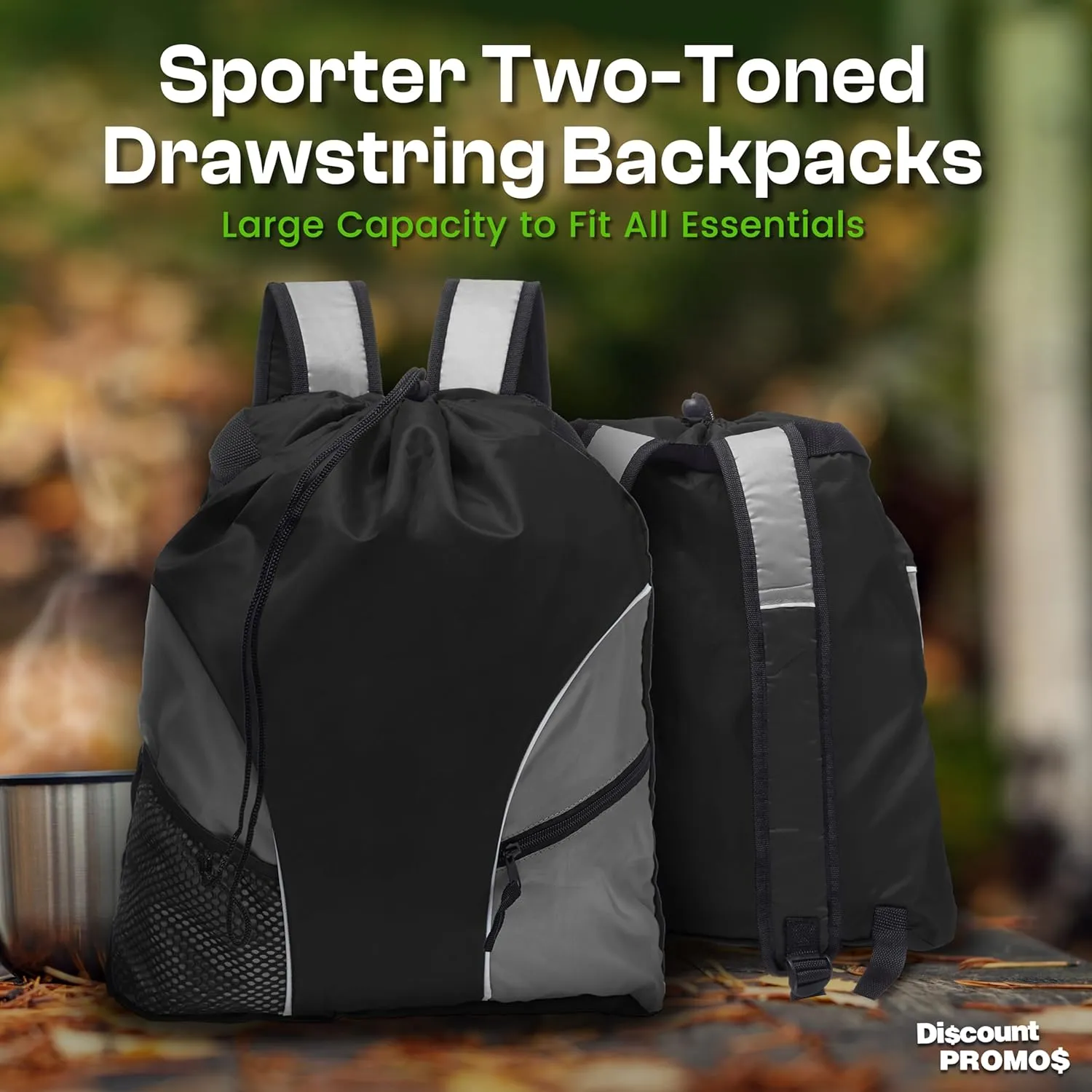 DISCOUNT PROMOS Sporter Drawstring Backpacks Set of 6, Bulk Pack - Cinch Bag, Gym Bag, Travel Backpack, Compact and Lightweight, Unisex Backpack - Black