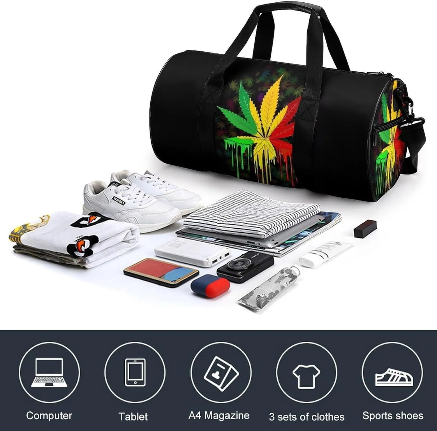 Distinct Tropical Weed Leaves Duffelbag Outdoor Tote Bag Lightweight Duffelbag Picnic Bags Easy Carry Satchels Durable Handbag Sports Duffel Bags 17.7in/9in/9in