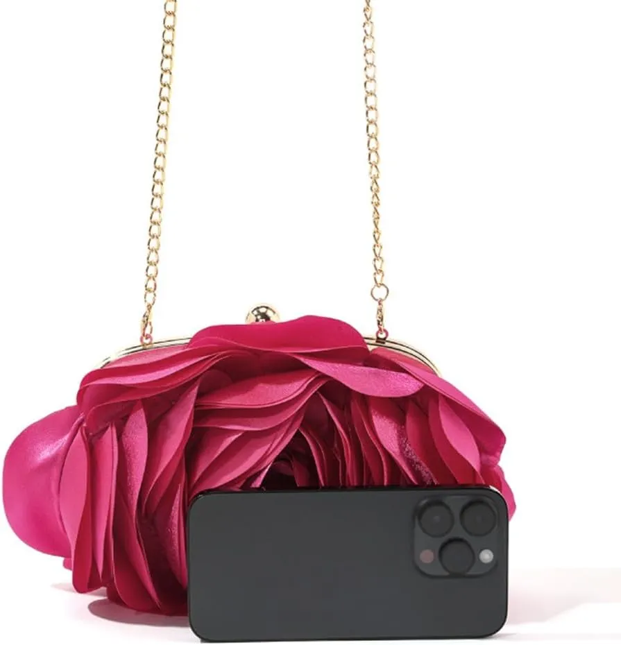 DJBM Women Cozy Satin Flower Clutch Evening Bag Unique Graceful Shouder Purse with Detachable Chain for Dinner Prom