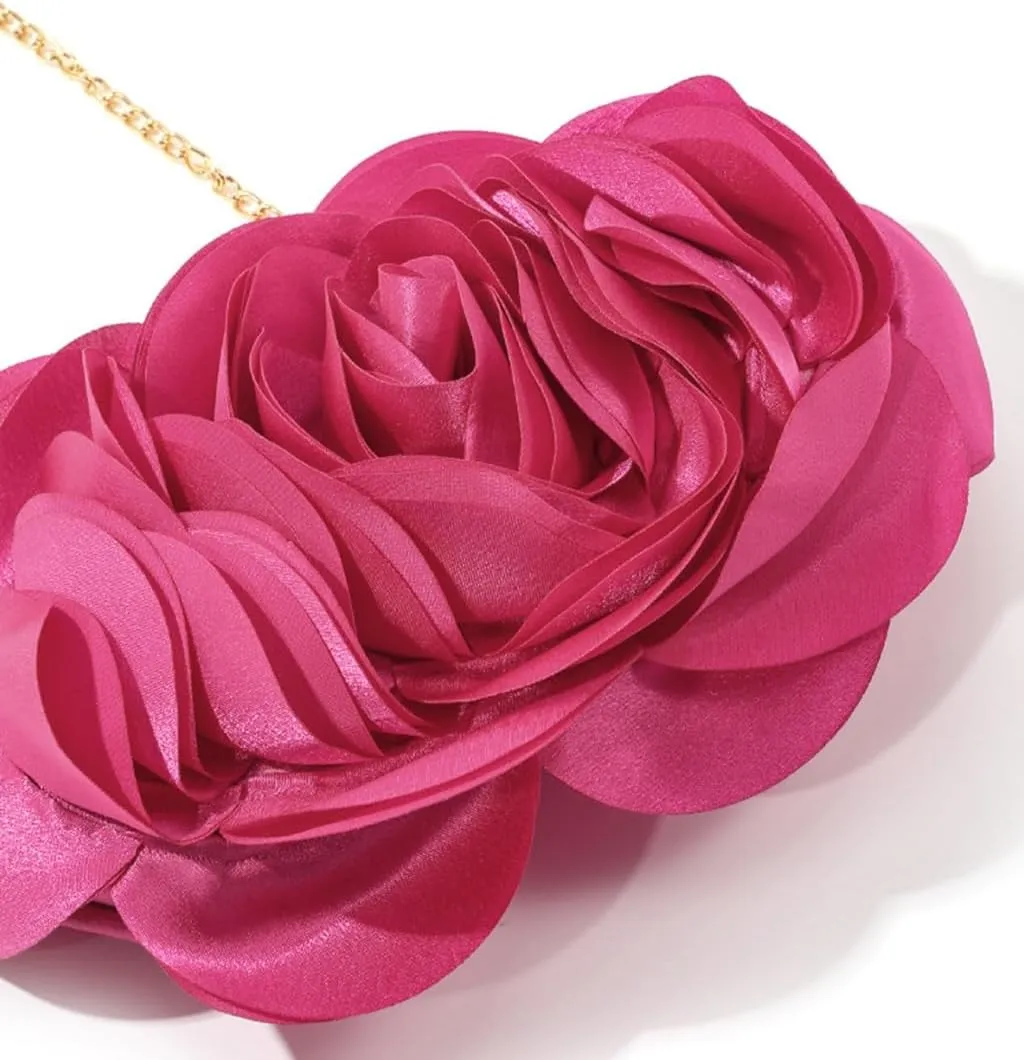 DJBM Women Cozy Satin Flower Clutch Evening Bag Unique Graceful Shouder Purse with Detachable Chain for Dinner Prom