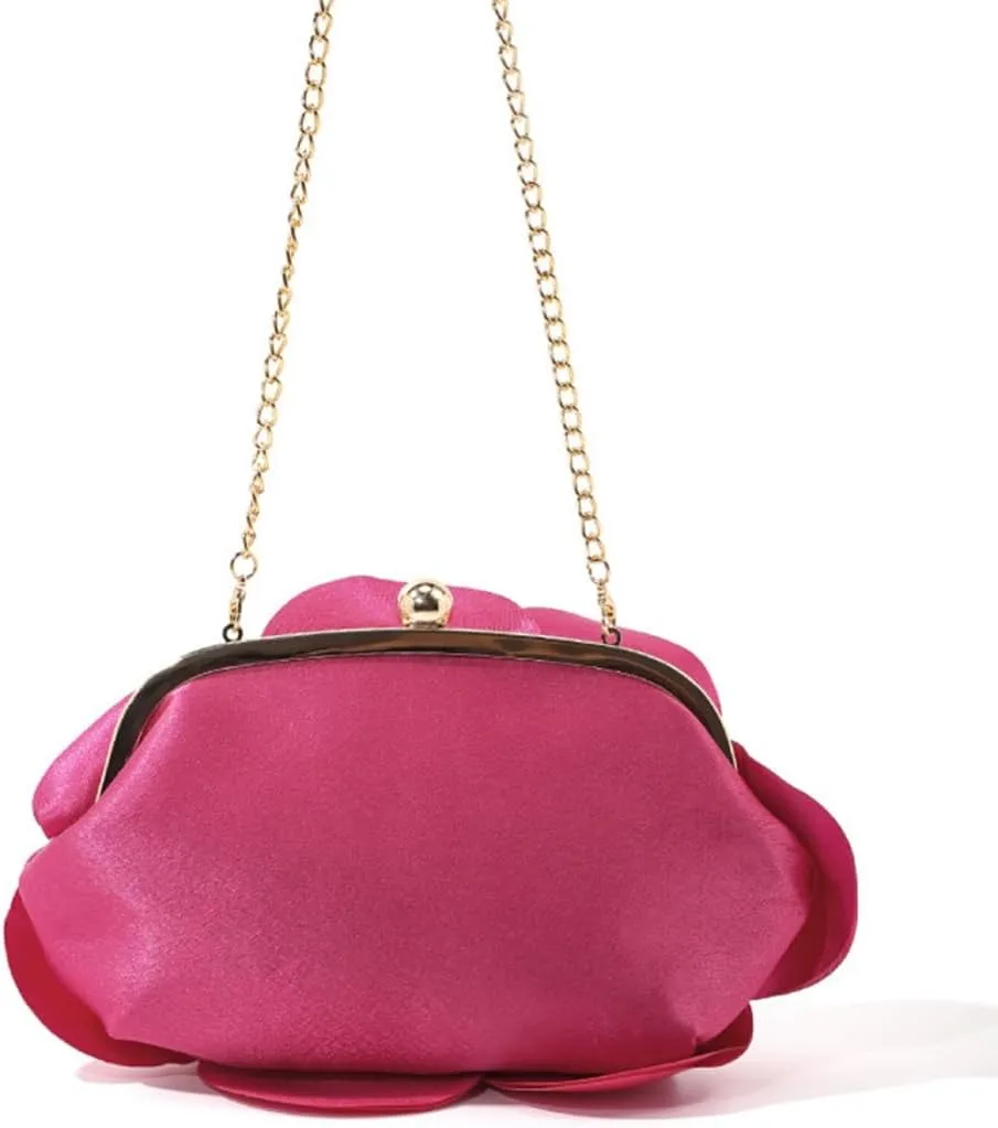 DJBM Women Cozy Satin Flower Clutch Evening Bag Unique Graceful Shouder Purse with Detachable Chain for Dinner Prom