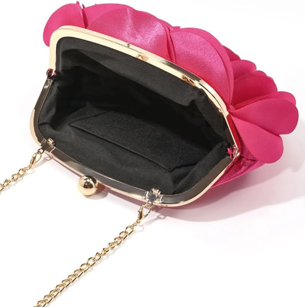 DJBM Women Cozy Satin Flower Clutch Evening Bag Unique Graceful Shouder Purse with Detachable Chain for Dinner Prom