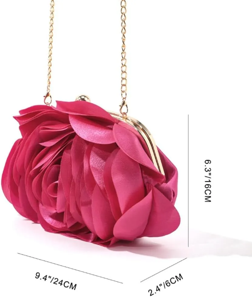 DJBM Women Cozy Satin Flower Clutch Evening Bag Unique Graceful Shouder Purse with Detachable Chain for Dinner Prom