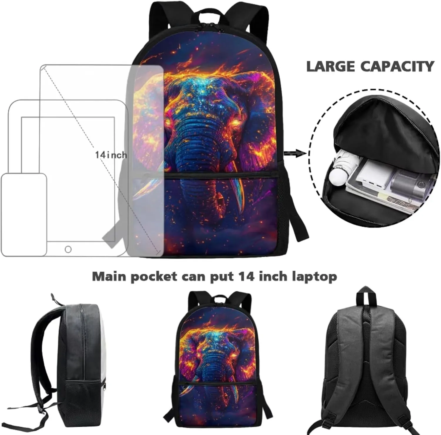 Dolyues Elephant Boys Backpack Purse Cool Animal Boys Backpack with Lunch Box Lightweight Bookbag for Boys Kids with Pencil Case and Water Bottle for Middle School College Travel Camping
