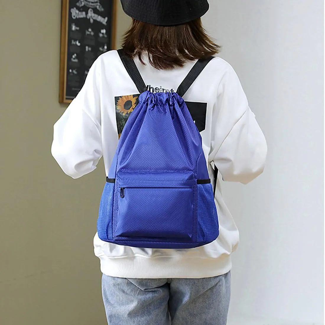 Drawstring Backpack Bag, Waterproof Draw String Back Sack with Zipper Pocket, Gym Drawstring Backpack Swimming Bag for Men Women, Pack of 1, Navy Blue, Deep Blue
