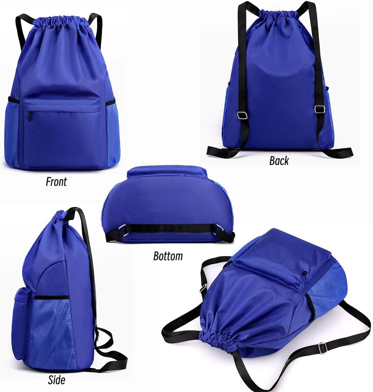Drawstring Backpack Bag, Waterproof Draw String Back Sack with Zipper Pocket, Gym Drawstring Backpack Swimming Bag for Men Women, Pack of 1, Navy Blue, Deep Blue