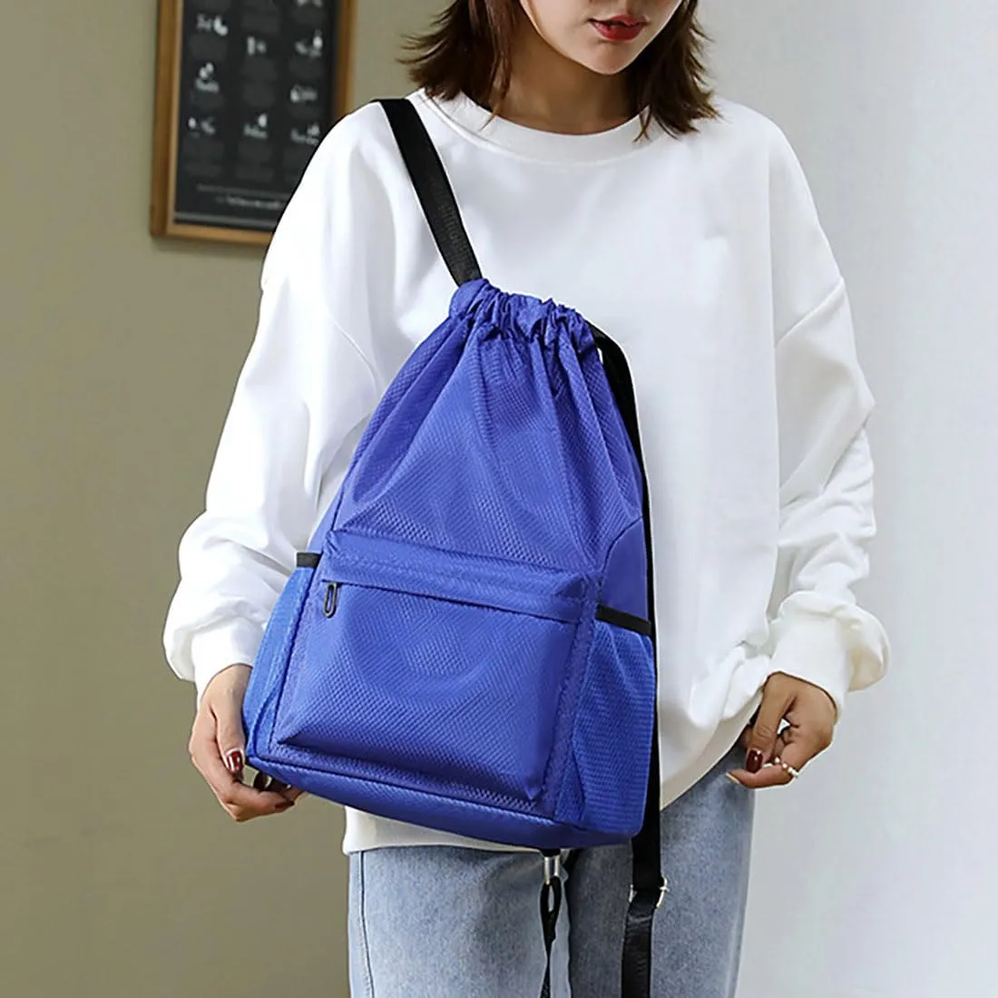 Drawstring Backpack Bag, Waterproof Draw String Back Sack with Zipper Pocket, Gym Drawstring Backpack Swimming Bag for Men Women, Pack of 1, Navy Blue, Deep Blue