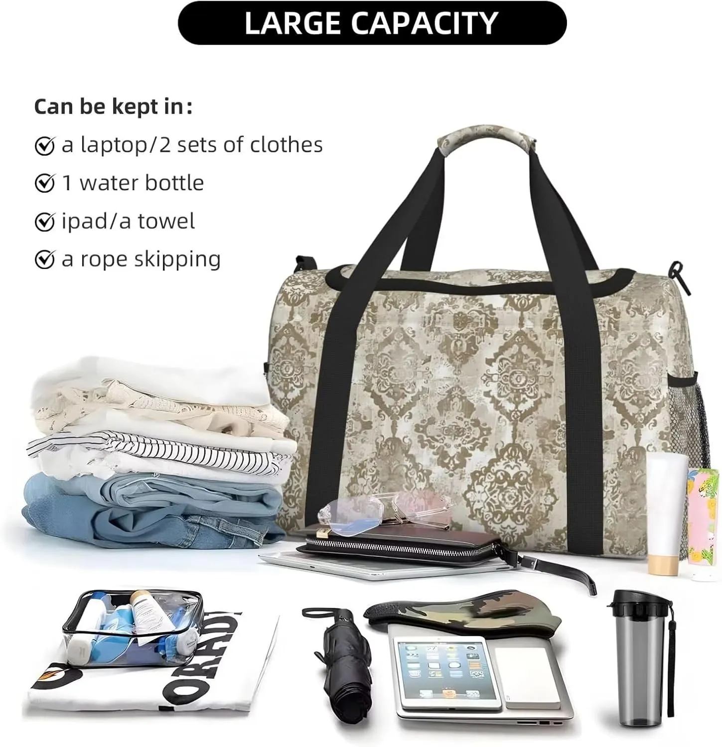 Duffel Bag Ethnic Floral Aesthetic Weekender Bag Travel Carry On Bag Water & Tear Resistant Sports Overnight Bag Boho Beige Luggage Bag
