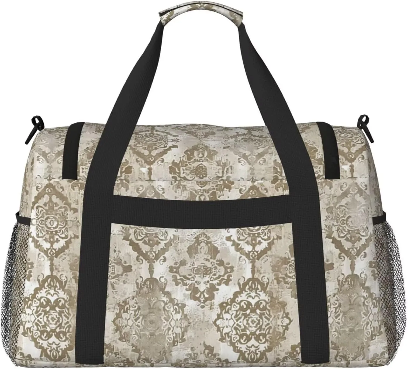 Duffel Bag Ethnic Floral Aesthetic Weekender Bag Travel Carry On Bag Water & Tear Resistant Sports Overnight Bag Boho Beige Luggage Bag