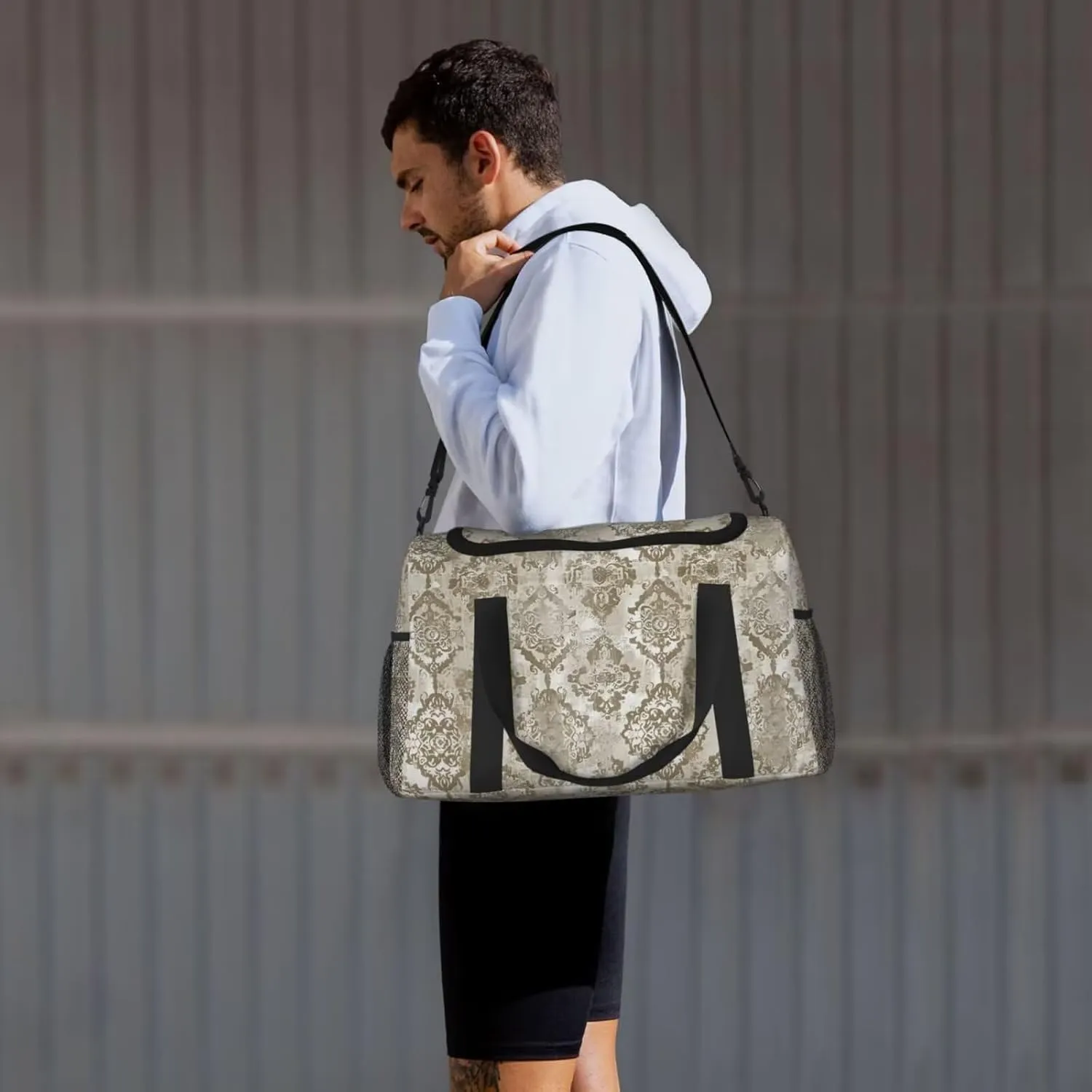 Duffel Bag Ethnic Floral Aesthetic Weekender Bag Travel Carry On Bag Water & Tear Resistant Sports Overnight Bag Boho Beige Luggage Bag