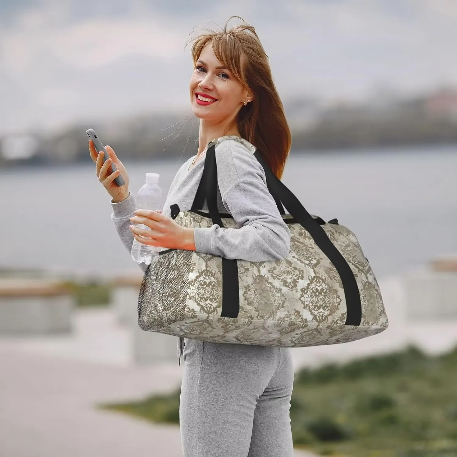 Duffel Bag Ethnic Floral Aesthetic Weekender Bag Travel Carry On Bag Water & Tear Resistant Sports Overnight Bag Boho Beige Luggage Bag