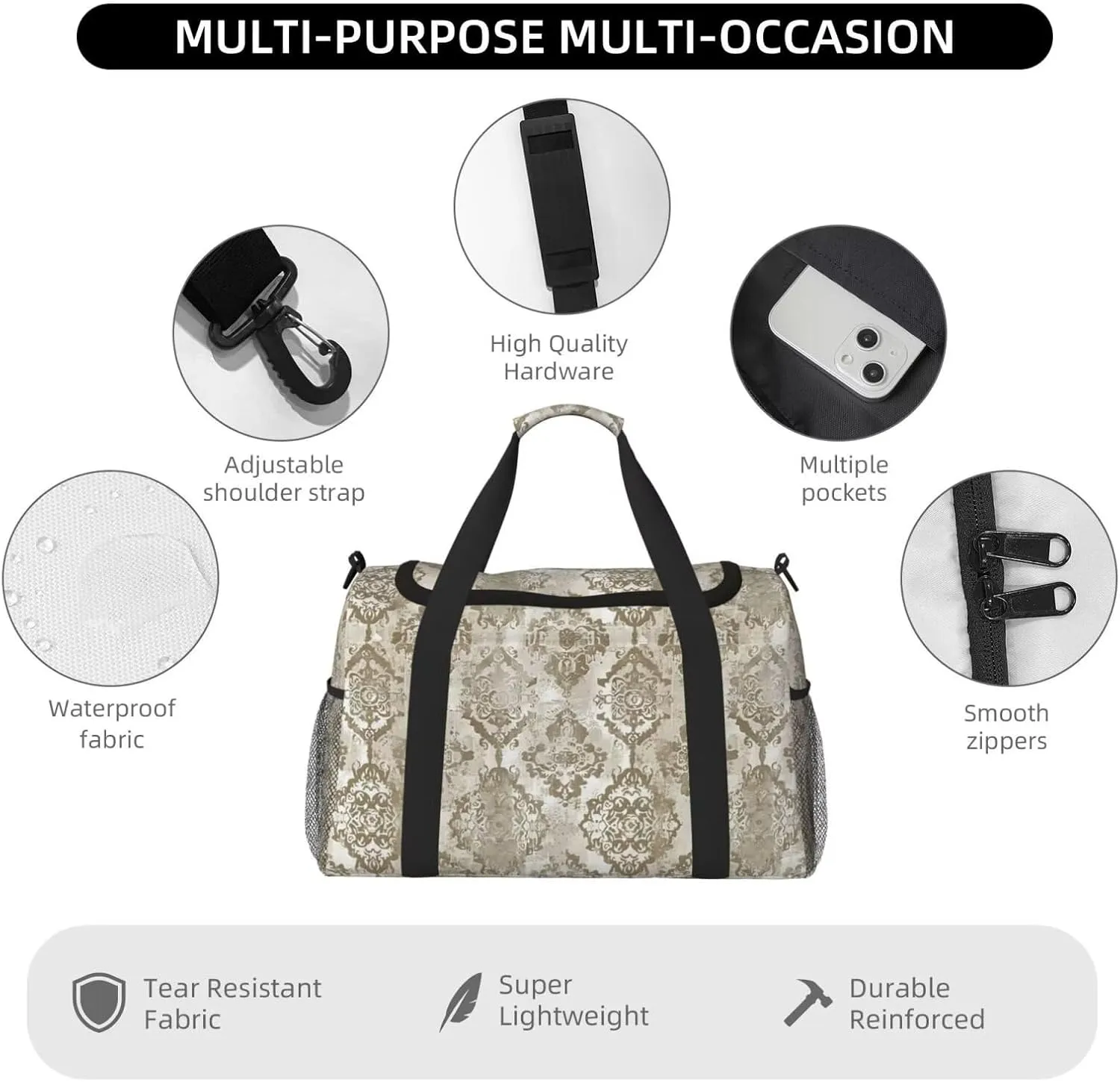 Duffel Bag Ethnic Floral Aesthetic Weekender Bag Travel Carry On Bag Water & Tear Resistant Sports Overnight Bag Boho Beige Luggage Bag