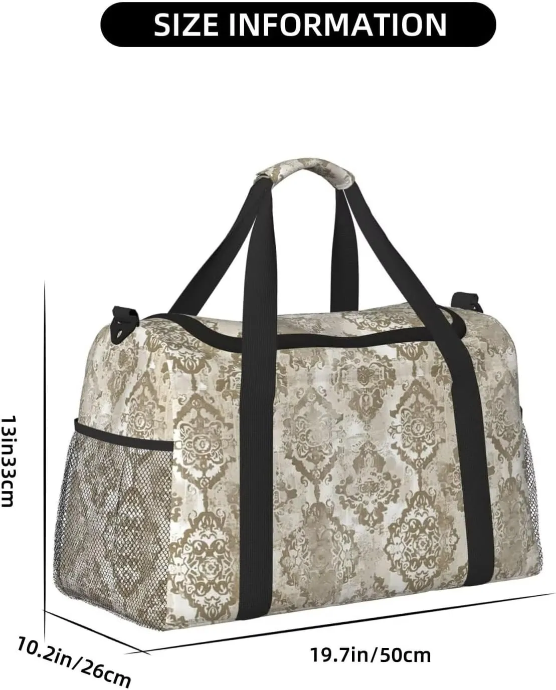 Duffel Bag Ethnic Floral Aesthetic Weekender Bag Travel Carry On Bag Water & Tear Resistant Sports Overnight Bag Boho Beige Luggage Bag