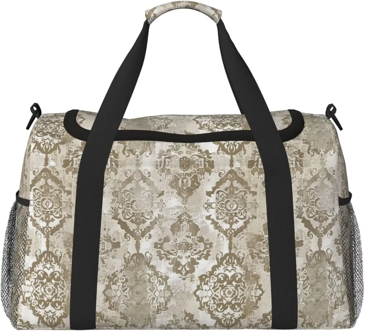 Duffel Bag Ethnic Floral Aesthetic Weekender Bag Travel Carry On Bag Water & Tear Resistant Sports Overnight Bag Boho Beige Luggage Bag