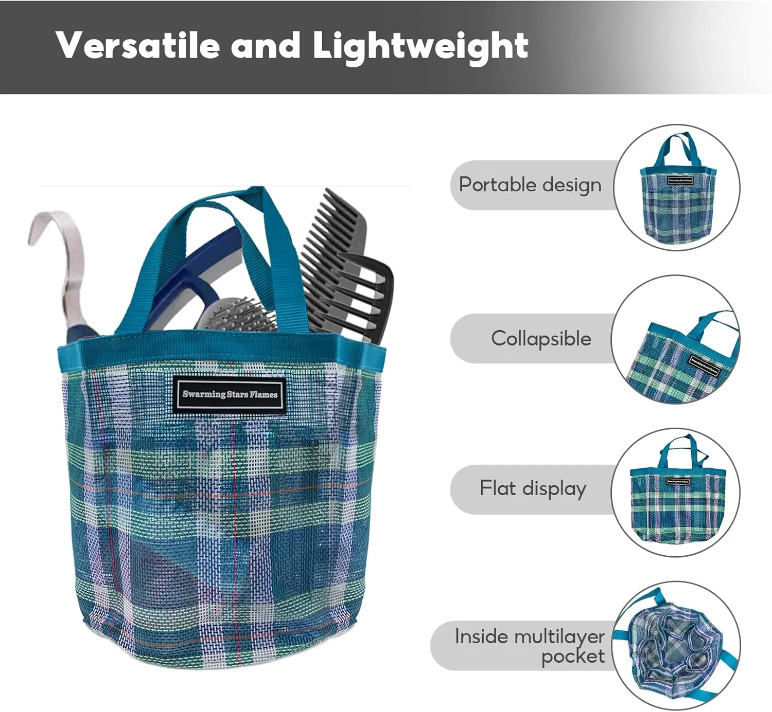 Durable Horse Tool Bag with 8 Pockets - Breathable & Waterproof Mesh Grooming Tote for Equestrian Tool Storage (Turquoise)