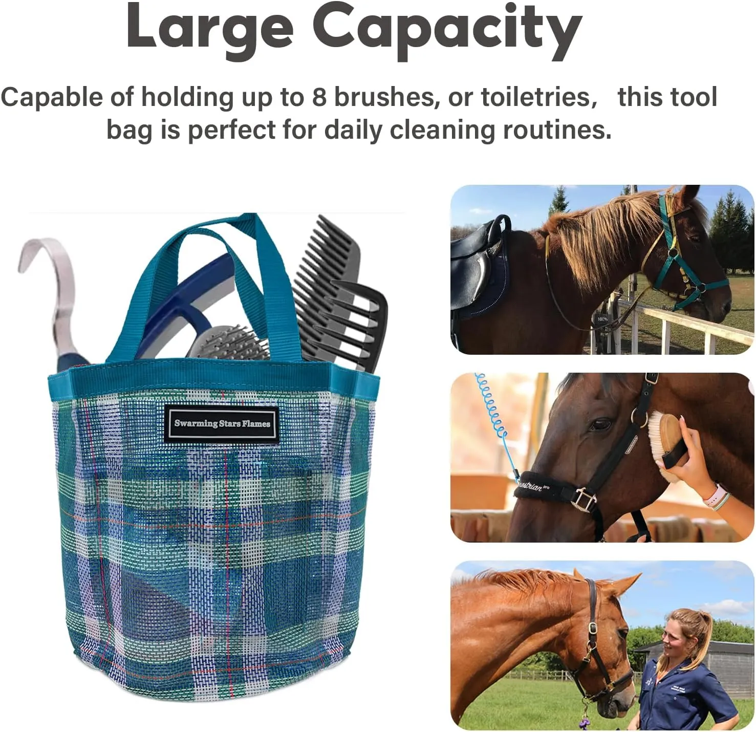 Durable Horse Tool Bag with 8 Pockets - Breathable & Waterproof Mesh Grooming Tote for Equestrian Tool Storage (Turquoise)