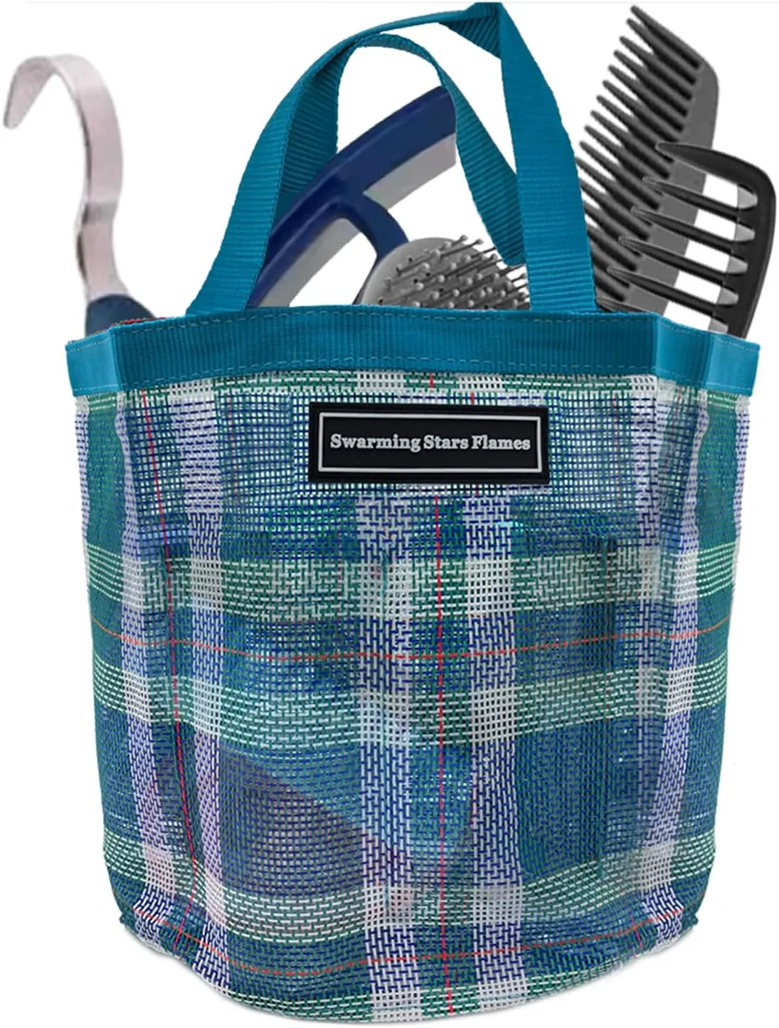 Durable Horse Tool Bag with 8 Pockets - Breathable & Waterproof Mesh Grooming Tote for Equestrian Tool Storage (Turquoise)