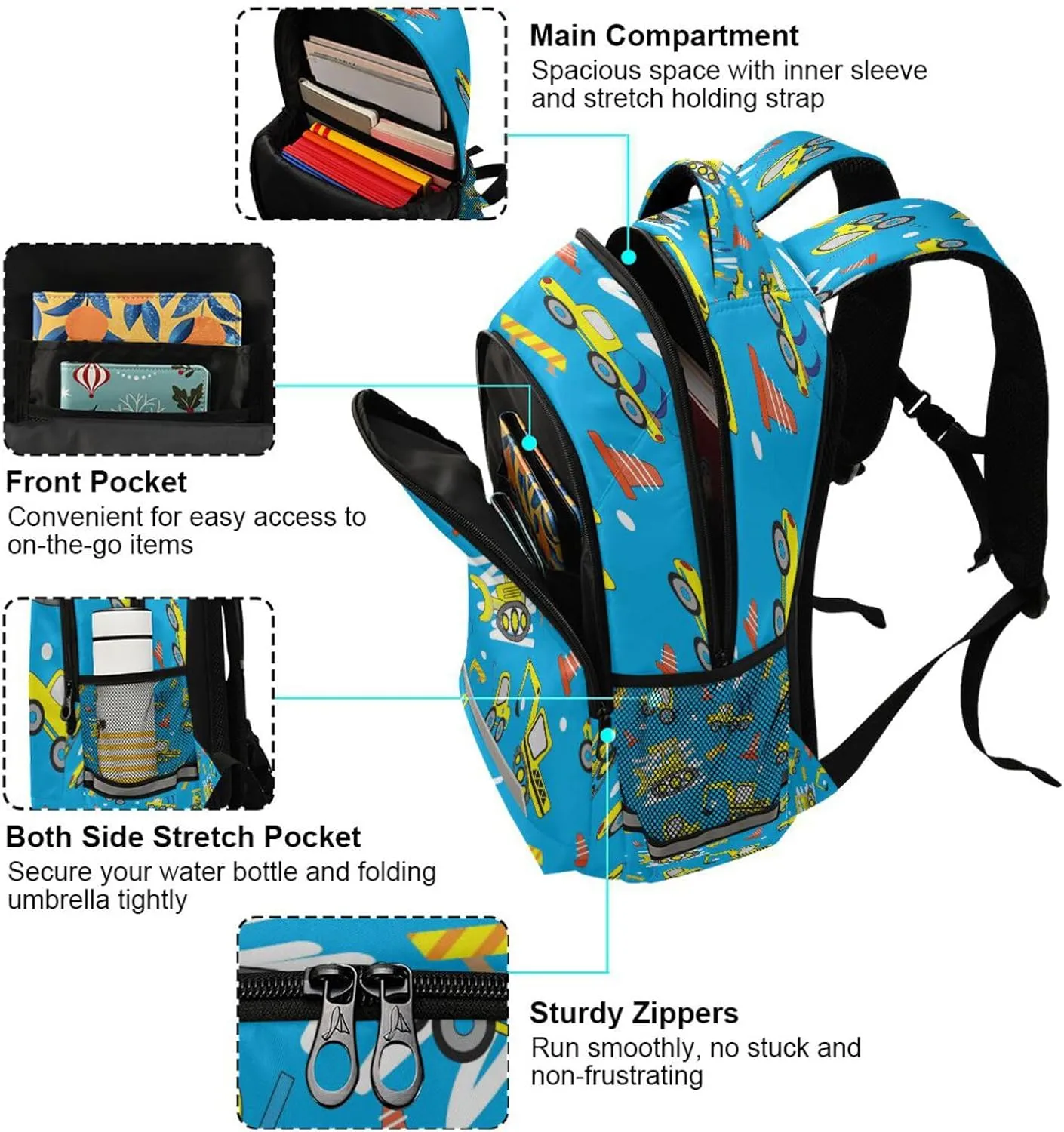 Dussdil Car Excavator Concrete Truck Kid's Backpack Backpacks for Boys Girls, 16 inch Casual Daypack Back Pack Laptop Bag Double Zipper Travel Bags with Adjustable Shoulder Strap