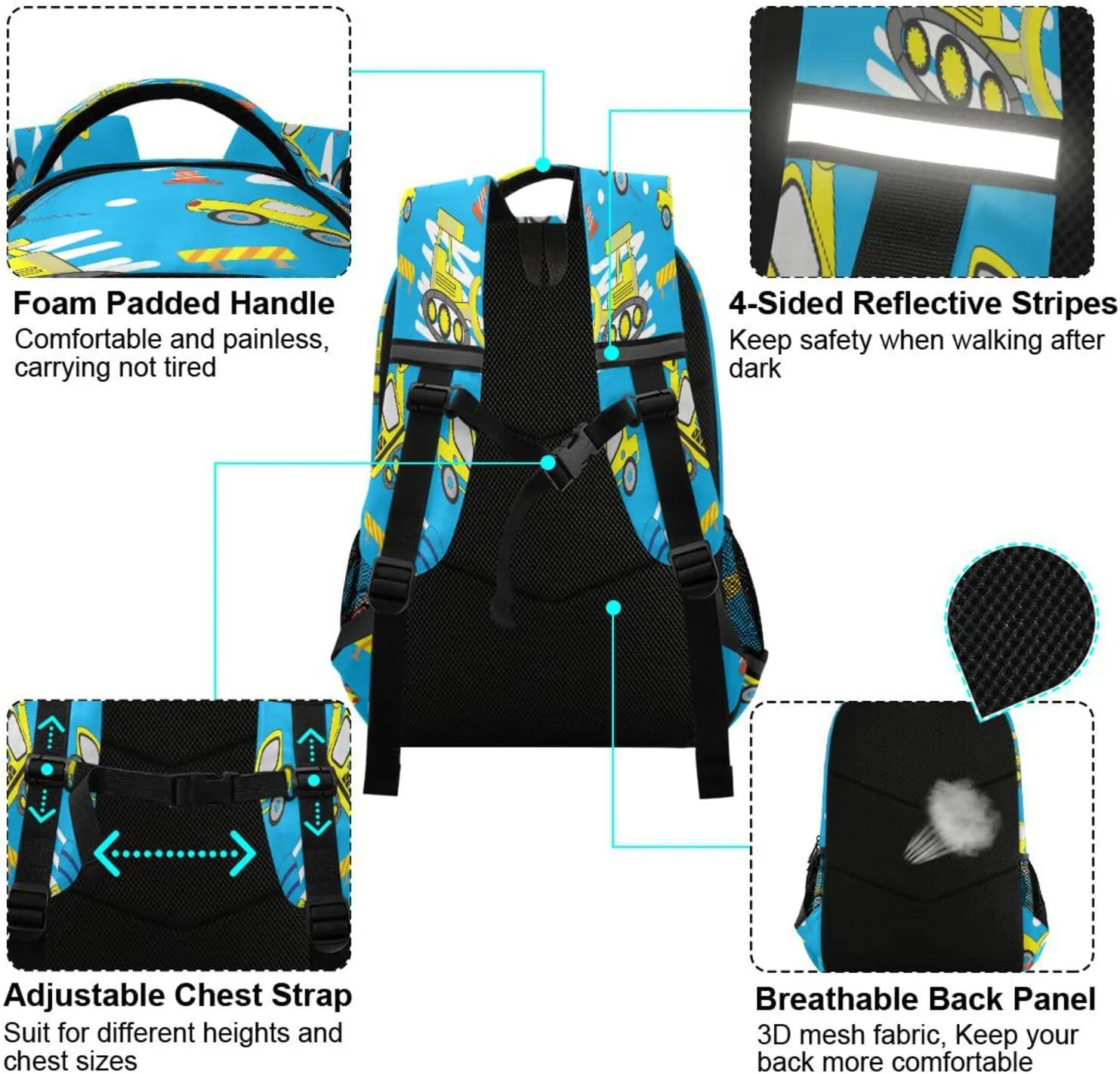 Dussdil Car Excavator Concrete Truck Kid's Backpack Backpacks for Boys Girls, 16 inch Casual Daypack Back Pack Laptop Bag Double Zipper Travel Bags with Adjustable Shoulder Strap