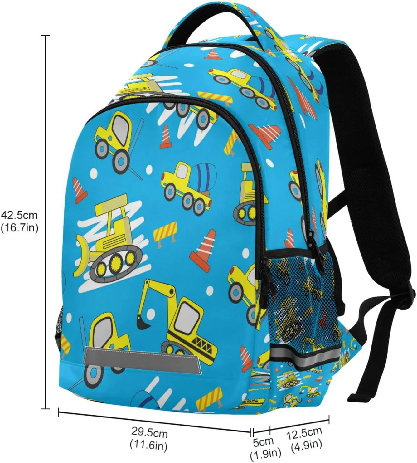 Dussdil Car Excavator Concrete Truck Kid's Backpack Backpacks for Boys Girls, 16 inch Casual Daypack Back Pack Laptop Bag Double Zipper Travel Bags with Adjustable Shoulder Strap