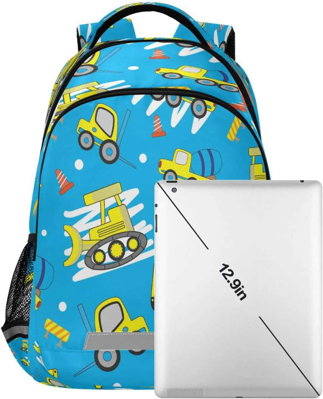 Dussdil Car Excavator Concrete Truck Kid's Backpack Backpacks for Boys Girls, 16 inch Casual Daypack Back Pack Laptop Bag Double Zipper Travel Bags with Adjustable Shoulder Strap