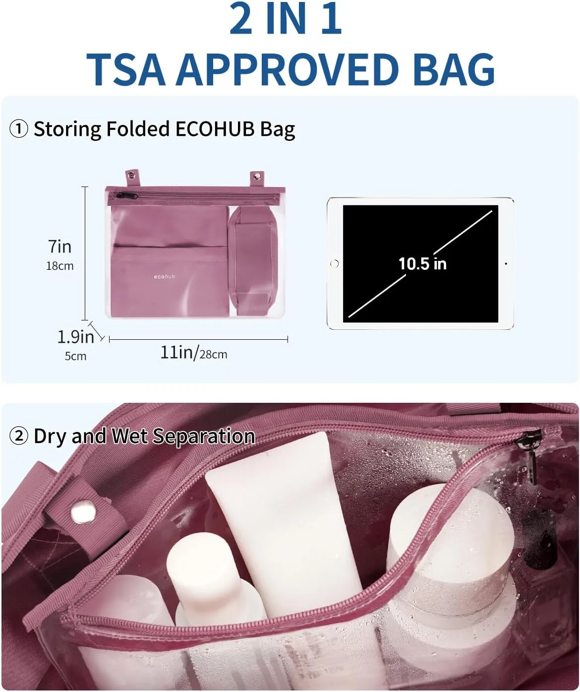 ECOHUB For Spirit Airlines Personal Item Bag 18x14x8 Underseat Carry on Luggage with Removable Wet Bag, Travel Duffel Bags Weekender for Women, 30L (Pink)