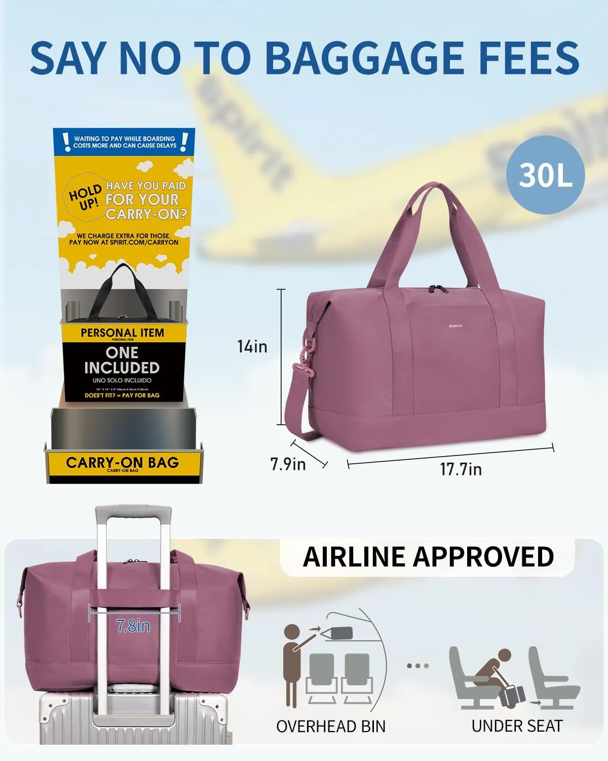 ECOHUB For Spirit Airlines Personal Item Bag 18x14x8 Underseat Carry on Luggage with Removable Wet Bag, Travel Duffel Bags Weekender for Women, 30L (Pink)