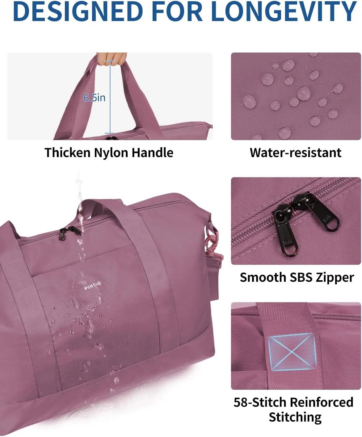ECOHUB For Spirit Airlines Personal Item Bag 18x14x8 Underseat Carry on Luggage with Removable Wet Bag, Travel Duffel Bags Weekender for Women, 30L (Pink)