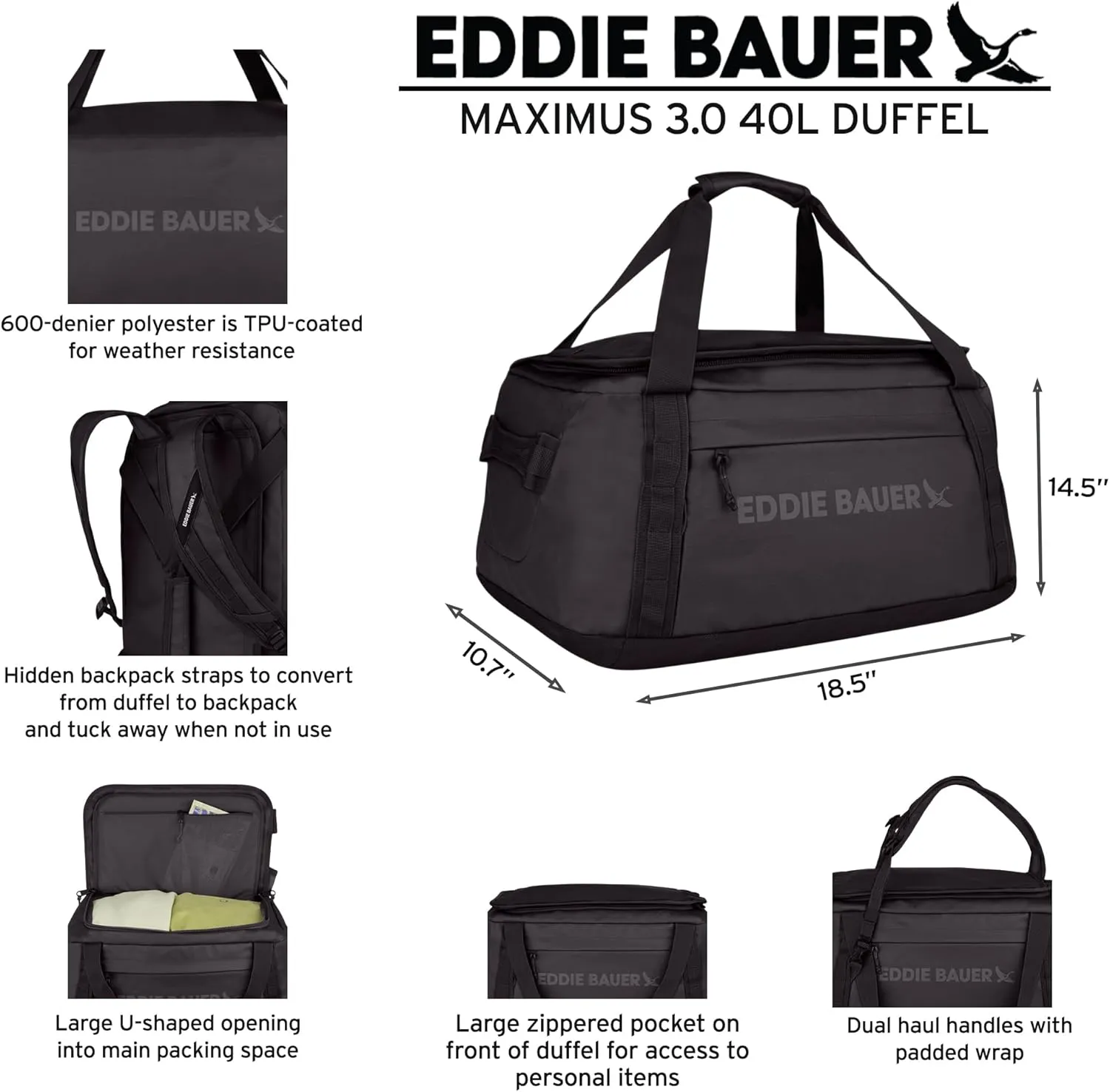 Eddie Bauer Maximus Duffel Bag |Hiking | Outdoor Gear | Travel | Lightweight | Weather-Resistant | Durable | Rugged | Carry-on