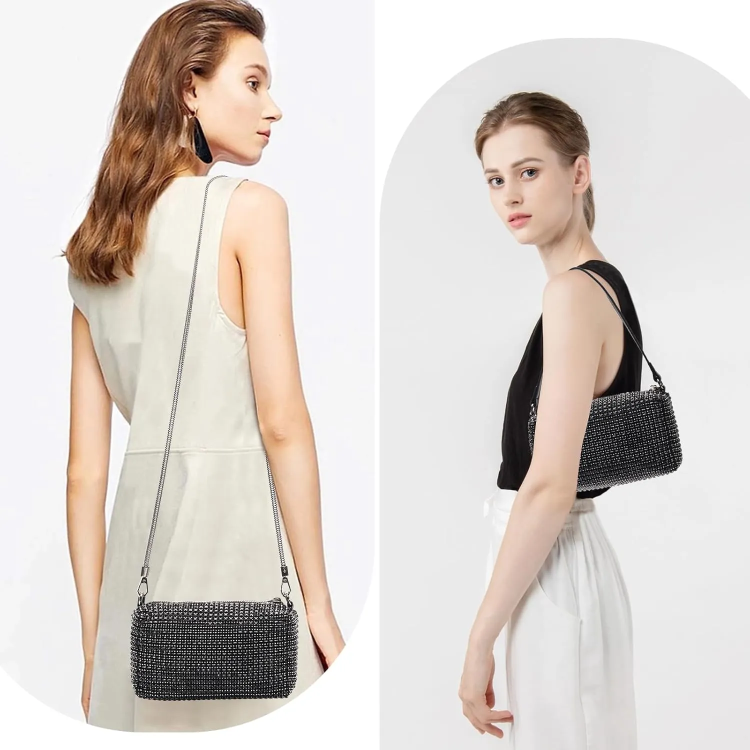 Elegant Rhinestone Evening Bag for Women - Sparkling Silver Crossbody Purse with Detachable Chain Strap