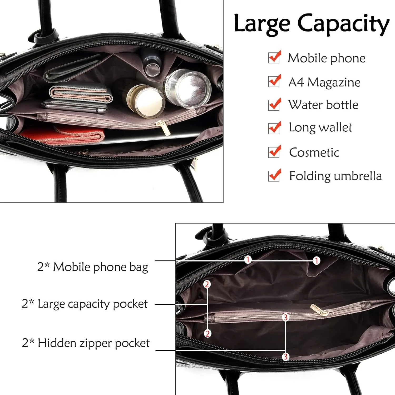 Elegant Women Handbags Large Shoulder Bag Multifunctional Set 3 Pcs