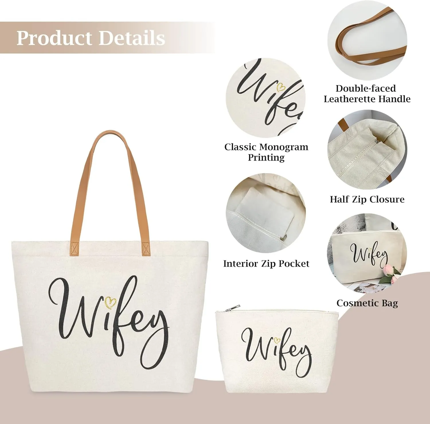 ELEGANTPARK Wifey Bag Wifey Gifts Wedding Gifts for Bride Bridal Shower Bachelorette Party Honeymoon Large Travel Shoulder Bag Canvas Totes with Zipper Set of 2